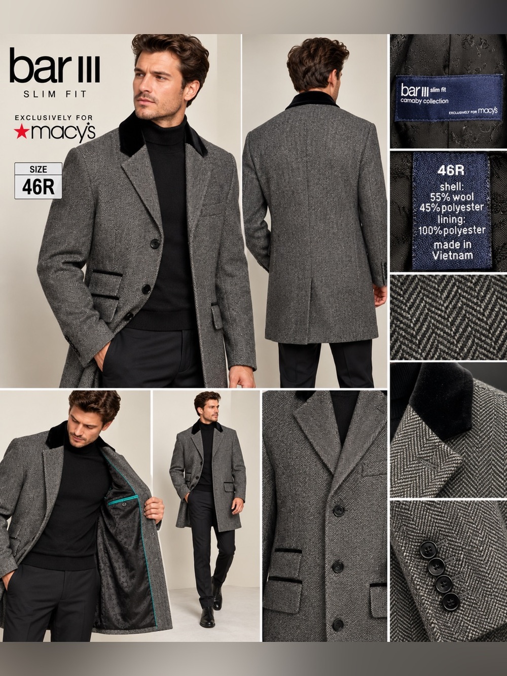Bar III Gray Herringbone Wool-Blend Overcoat with Black Velvet Collar Sz 46R